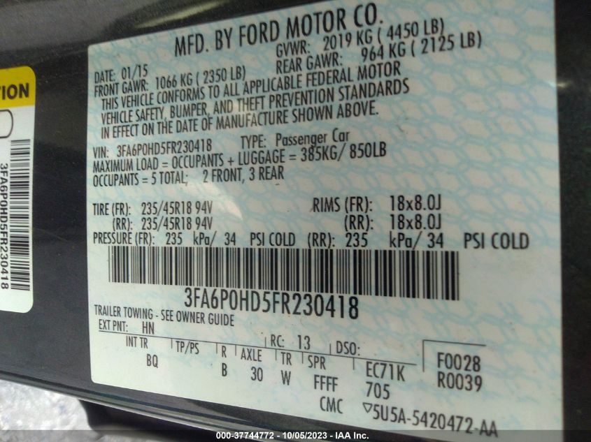 2015 FORD FUSION SE - 3FA6P0HD5FR230418