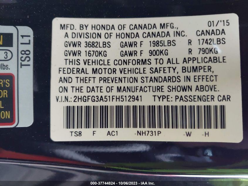 2015 HONDA CIVIC COUPE LX - 2HGFG3A51FH512941