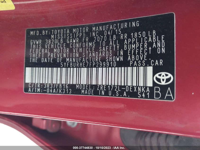 2015 TOYOTA COROLLA L/LE/S/S PLUS/LE PLUS - 5YFBURHE7FP299910