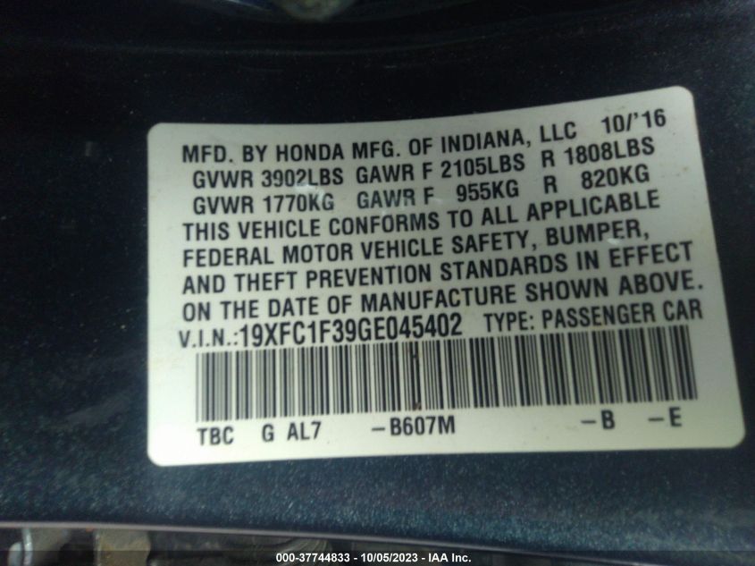 2016 HONDA CIVIC SEDAN EX-T - 19XFC1F39GE045402