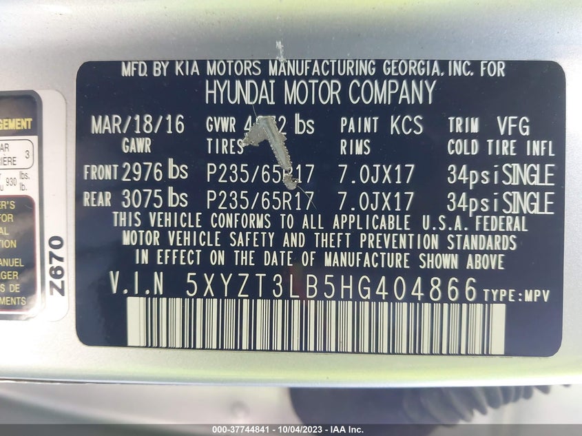 VIN 5XYZT3LB5HG404866 2017 HYUNDAI SANTA FE SPORT