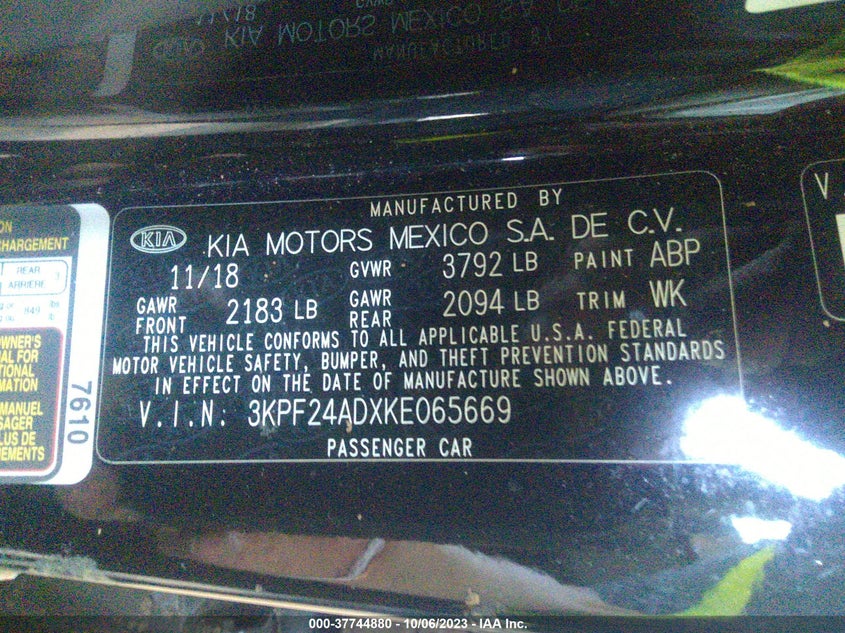 VIN 3KPF24ADXKE065669 2019 KIA FORTE FE/LX/LXS