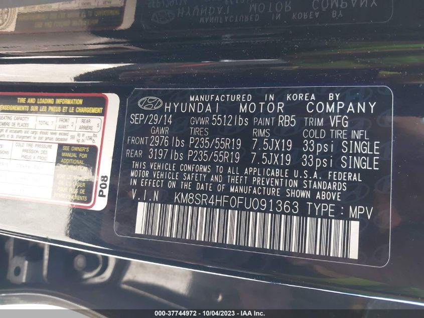 2015 HYUNDAI SANTA FE GLS/LIMITED - KM8SR4HF0FU091363