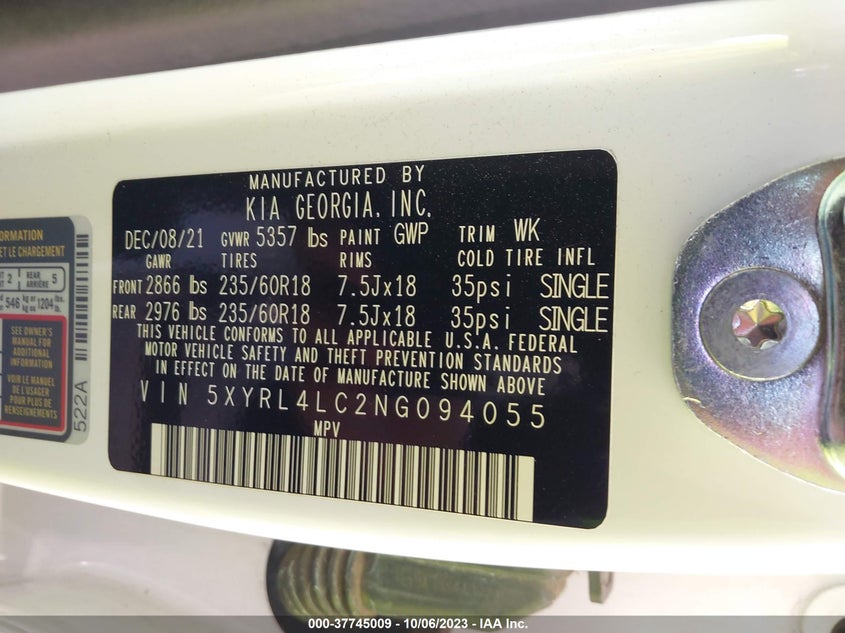 VIN 5XYRL4LC2NG094055 2022 KIA SORENTO S