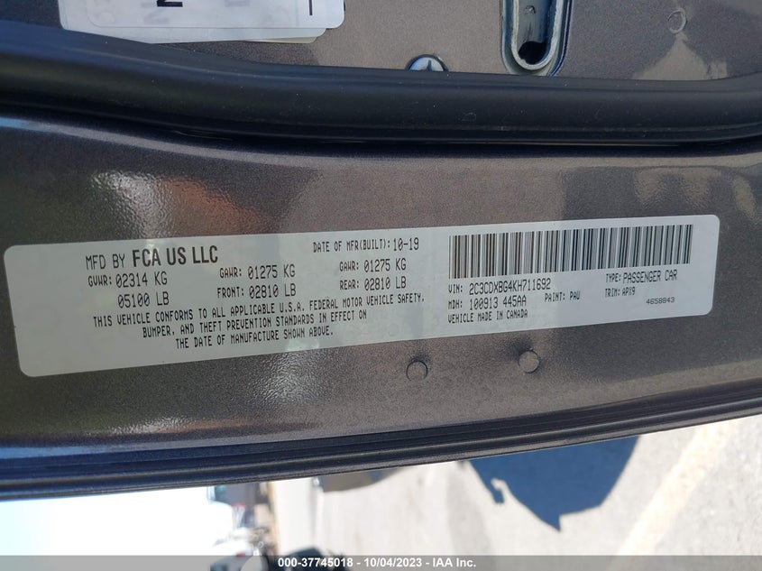 VIN 2C3CDXBG4KH711692 2019 DODGE CHARGER SXT