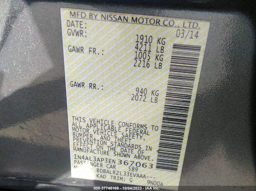 2014 NISSAN ALTIMA 2.5 S - 1N4AL3AP3EN367063