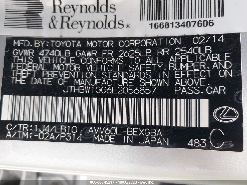 2014 LEXUS ES 300H HYBRID JTHBW1GG6E2056857