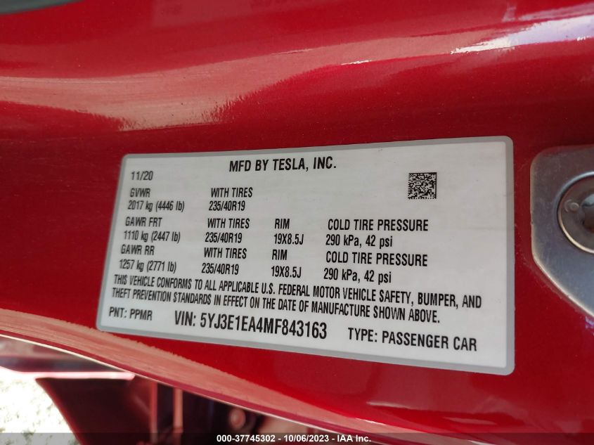 2021 TESLA MODEL 3 - 5YJ3E1EA4MF843163