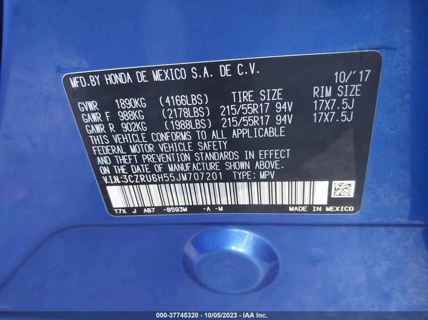 VIN 3CZRU6H55JM707201 2018 HONDA HR-V EX
