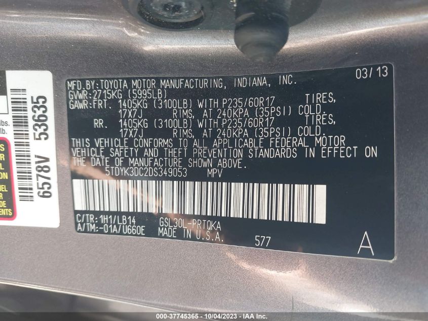 2013 TOYOTA SIENNA XLE AAS/XLE/LTD - 5TDYK3DC2DS349053
