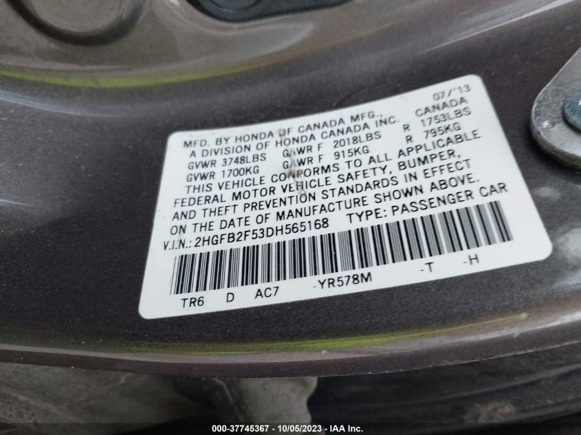 2013 HONDA CIVIC SDN LX - 2HGFB2F53DH565168