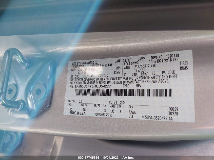VIN 1FMCU0F75HUD54277 2017 FORD ESCAPE S