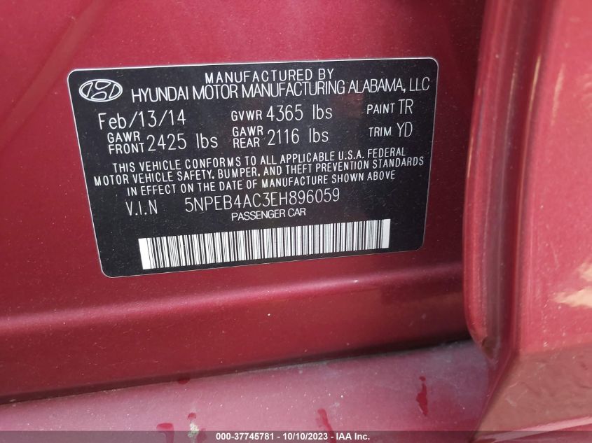 2014 HYUNDAI SONATA GLS - 5NPEB4AC3EH896059