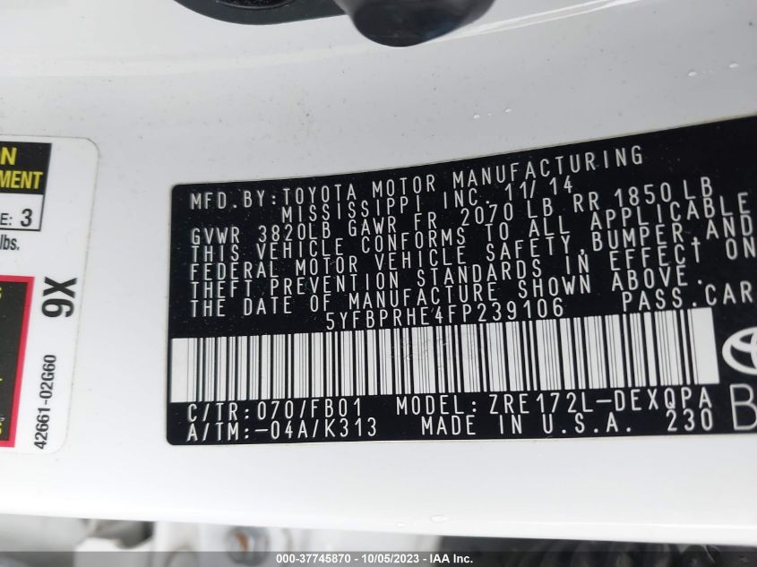 2015 TOYOTA COROLLA ECO/ECO PLUS/ECO PREMIUM - 5YFBPRHE4FP239106