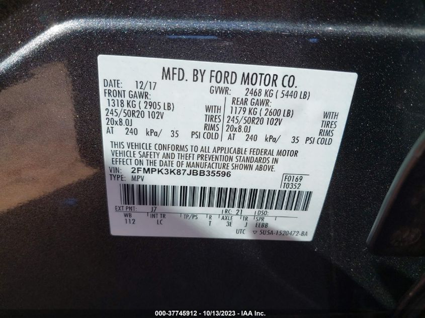 2FMPK3K87JBB35596 2018 FORD EDGE, photo no. 9