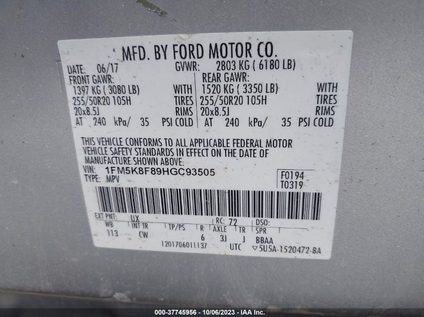 2017 FORD EXPLORER LIMITED - 1FM5K8F89HGC93505