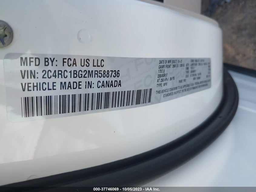VIN 2C4RC1BG2MR588736 2021 CHRYSLER PACIFICA TOURING L