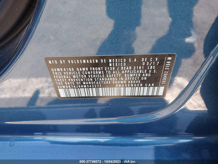 VIN 3VWDB7AJ6HM342277 2017 VOLKSWAGEN JETTA 1.4T SE