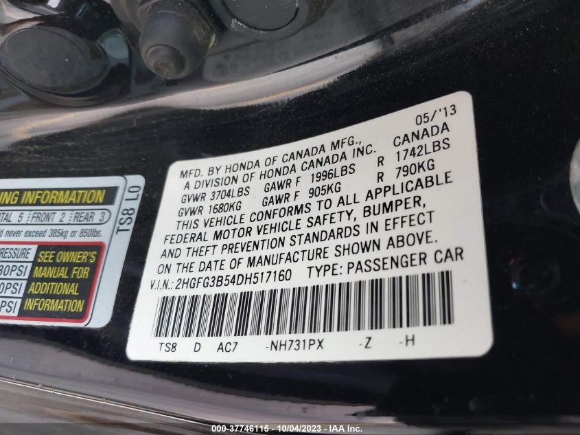 2013 HONDA CIVIC CPE LX 2HGFG3B54DH517160