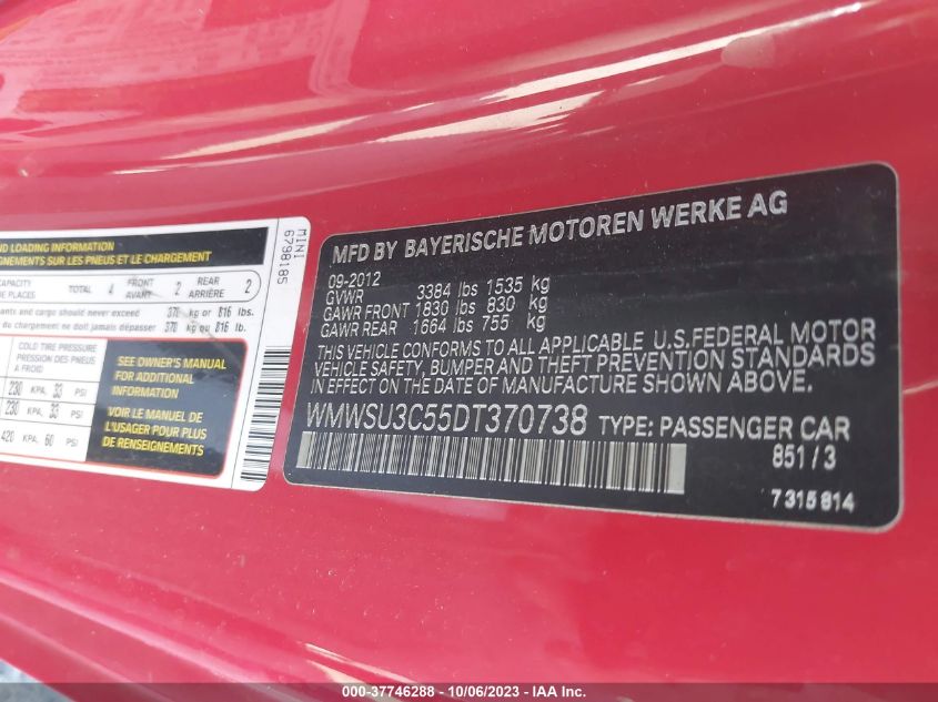 2013 MINI COOPER HARDTOP WMWSU3C55DT370738