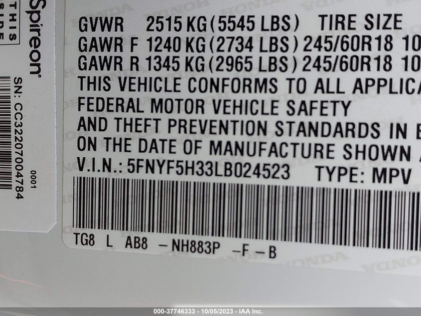 VIN 5FNYF5H33LB024523 2020 HONDA PILOT EX