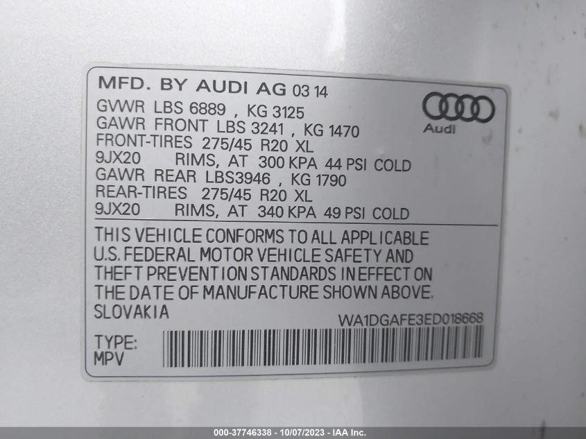 WA1DGAFE3ED018668 2014 AUDI Q7, photo no. 9