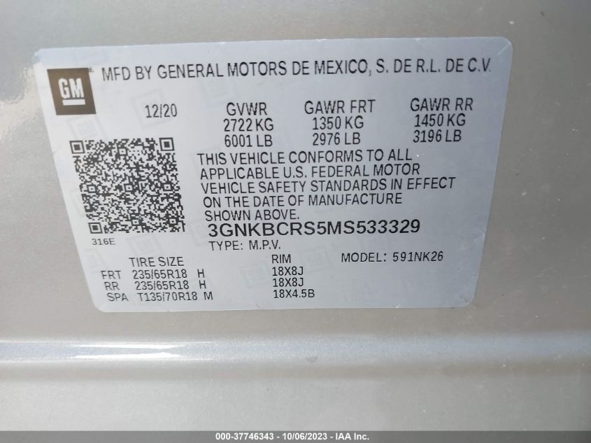 VIN 3GNKBCRS5MS533329 2021 CHEVROLET BLAZER 2LT