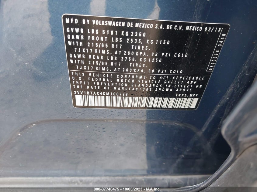 VIN 3VV1B7AX4KM100798 2019 VOLKSWAGEN TIGUAN S