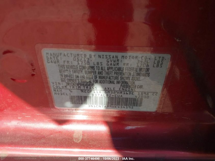 2017 NISSAN VERSA SEDAN SV - 3N1CN7AP9HK454595