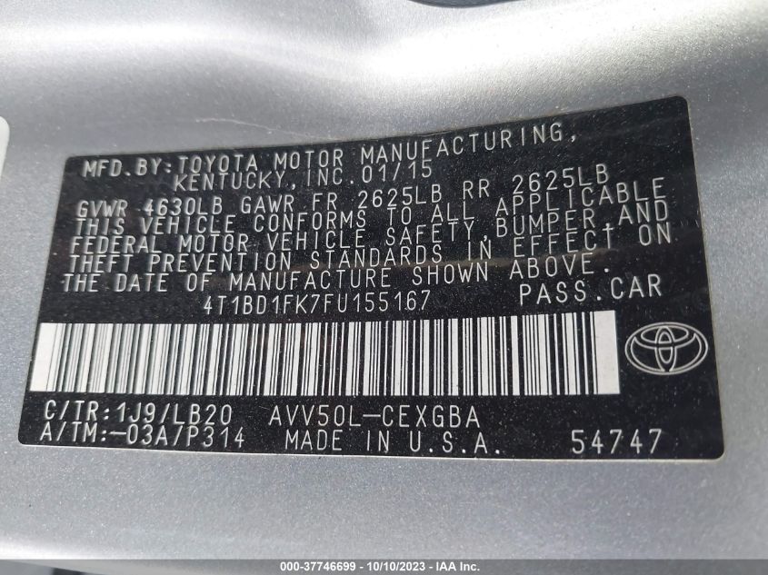 2015 TOYOTA CAMRY HYBRID LE/XLE/SE - 4T1BD1FK7FU155167