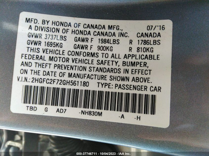 2016 HONDA CIVIC EX - 2HGFC2F72GH561180