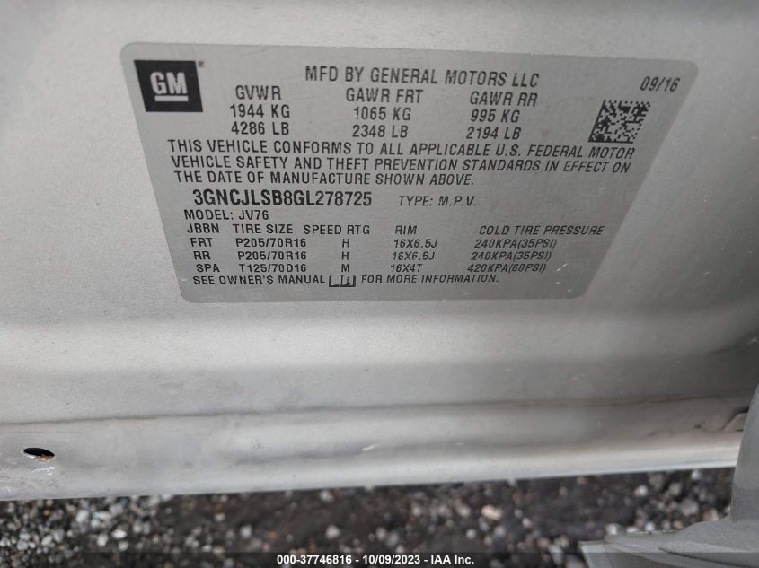 2016 CHEVROLET TRAX LT - 3GNCJLSB8GL278725