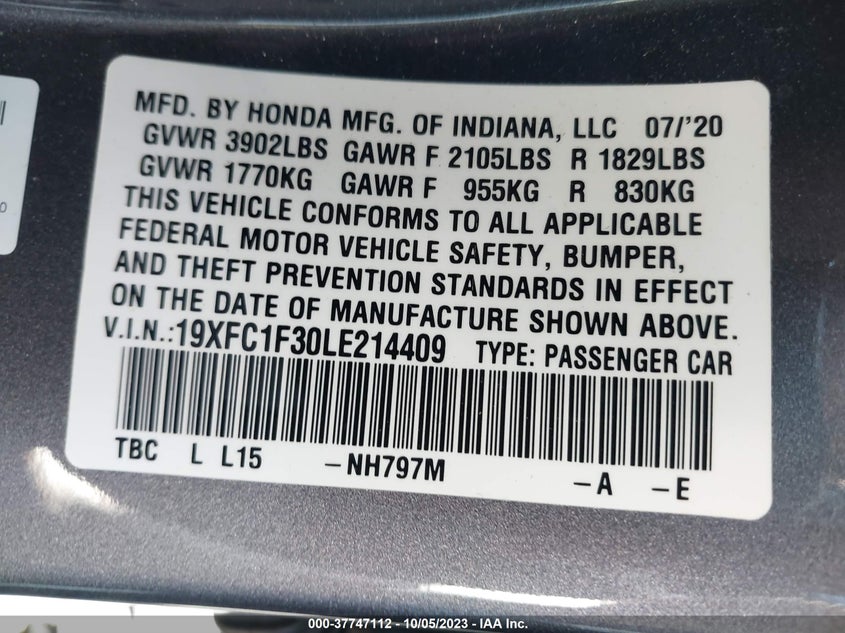 VIN 19XFC1F30LE214409 2020 HONDA CIVIC SEDAN EX