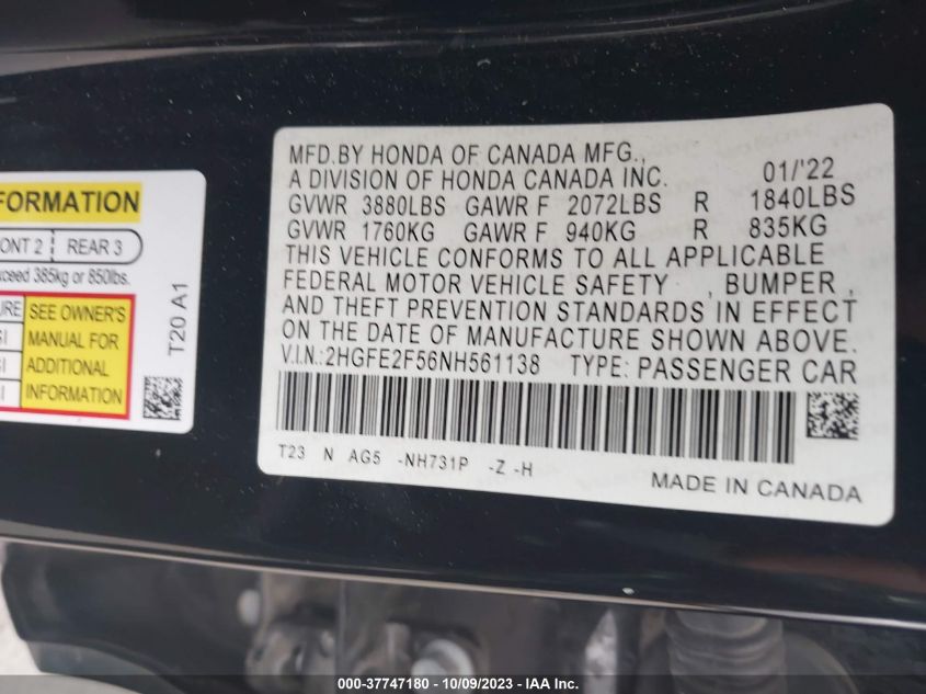 2HGFE2F56NH561138 Honda Civic Sedan SPORT 9