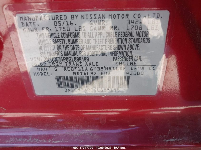 2016 NISSAN VERSA S/S PLUS/SL/SV - 3N1CN7AP0GL899199
