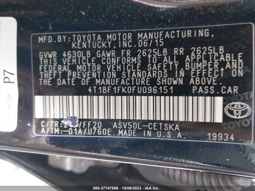 2015 TOYOTA CAMRY LE/XLE/SE/XSE - 4T1BF1FK0FU096154