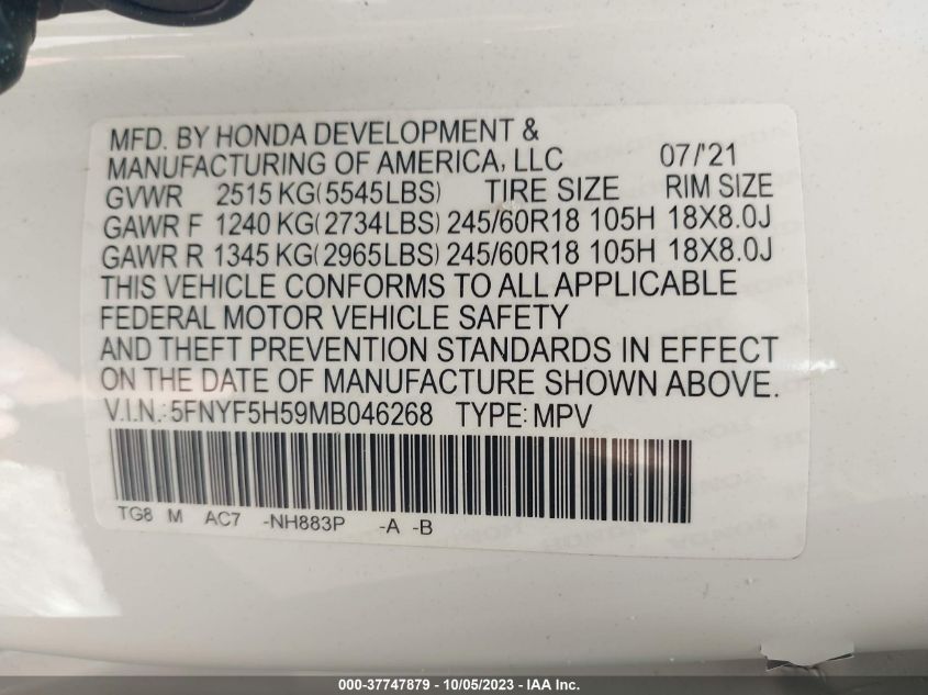 VIN 5FNYF5H59MB046268 2021 HONDA PILOT no.9