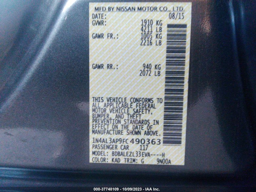 2015 NISSAN ALTIMA 2.5 S - 1N4AL3AP9FC490363