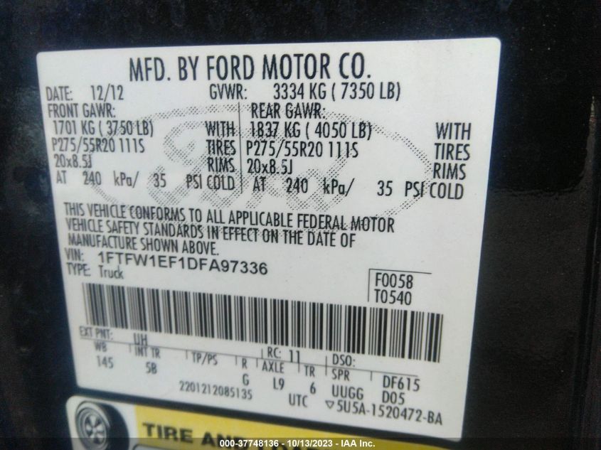 2013 FORD F-150 XL/XLT/FX4/LARIAT - 1FTFW1EF1DFA97336