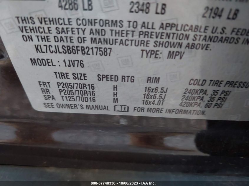 2015 CHEVROLET TRAX LT - KL7CJLSB6FB217587