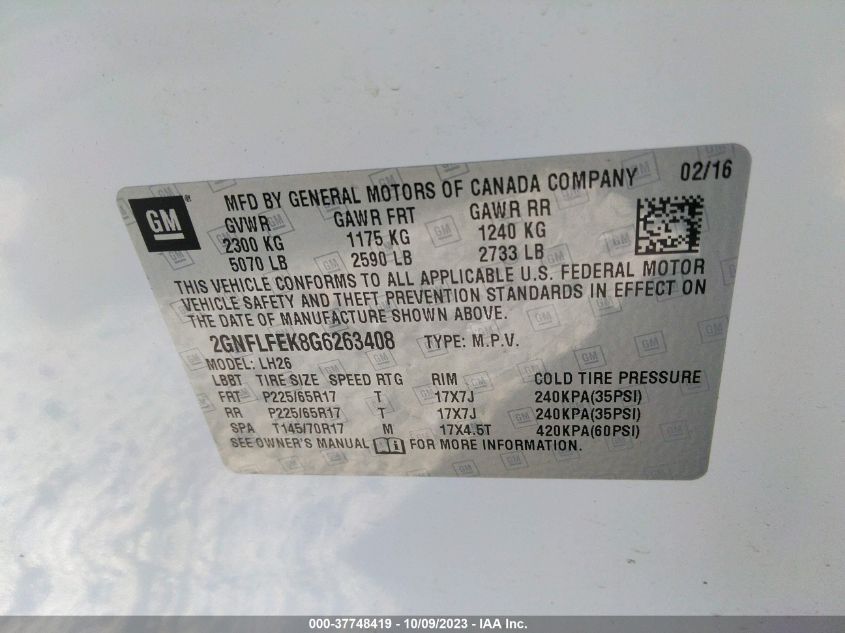 2016 CHEVROLET EQUINOX LT - 2GNFLFEK8G6263408