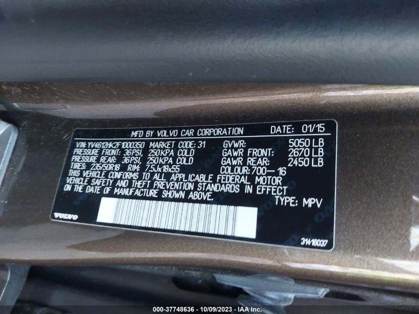 2015 VOLVO V60 CROSS COUNTRY T5 YV4612HK2F1000350