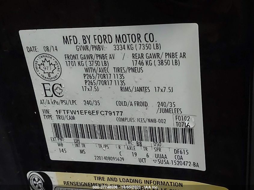 2014 FORD F-150 XL/XLT/STX/FX4/LARIAT - 1FTFW1EF6EFC79177