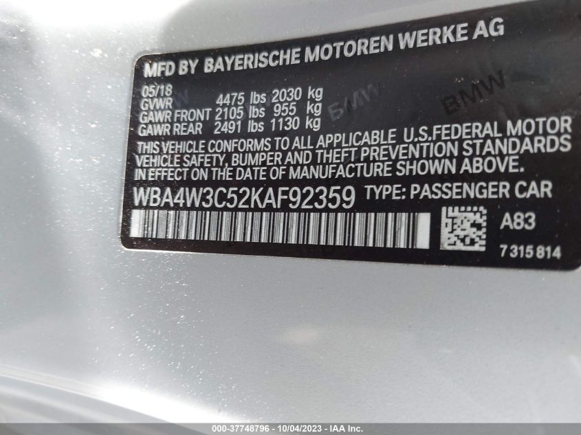 2019 BMW 430I WBA4W3C52KAF92359
