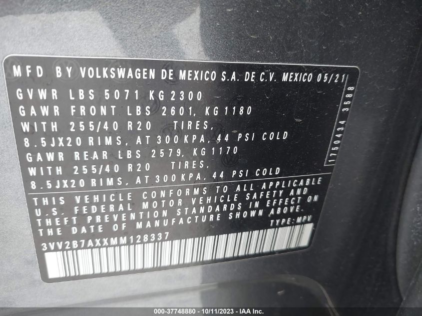 3VV2B7AXXMM128337 Volkswagen Tiguan SE/SE R-LINE BLACK/SEL 9