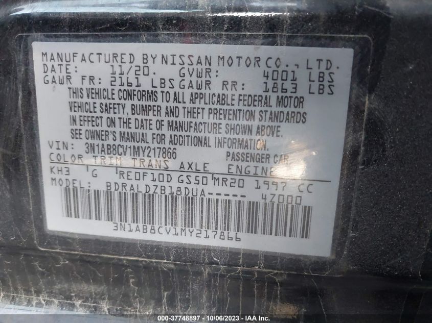 VIN 3N1AB8CV1MY217866 2021 NISSAN SENTRA SV