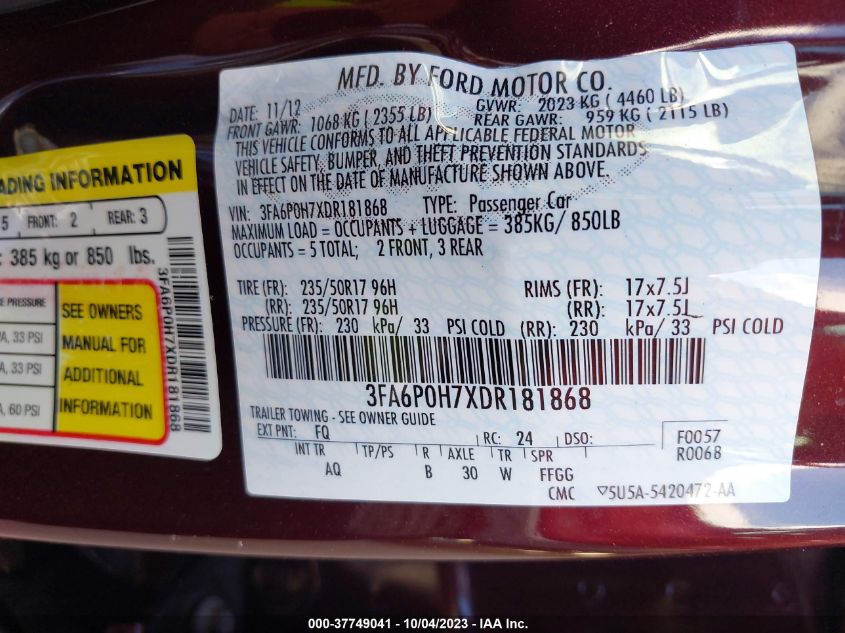 2013 FORD FUSION SE - 3FA6P0H7XDR181868