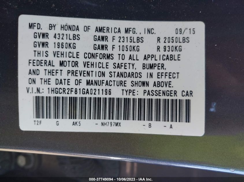 2016 HONDA ACCORD SEDAN EX-L 1HGCR2F81GA021196