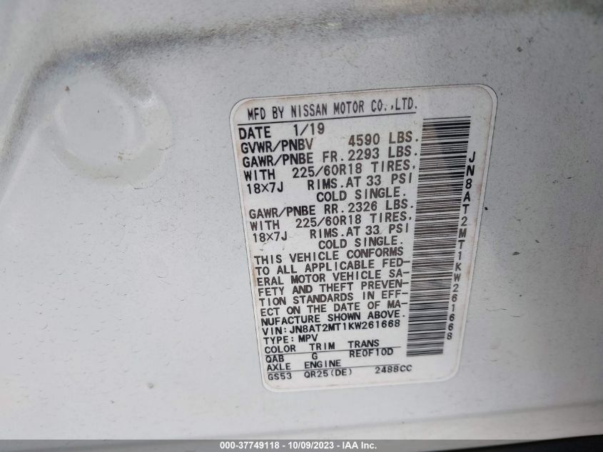 2019 NISSAN ROGUE SV - JN8AT2MT1KW261668