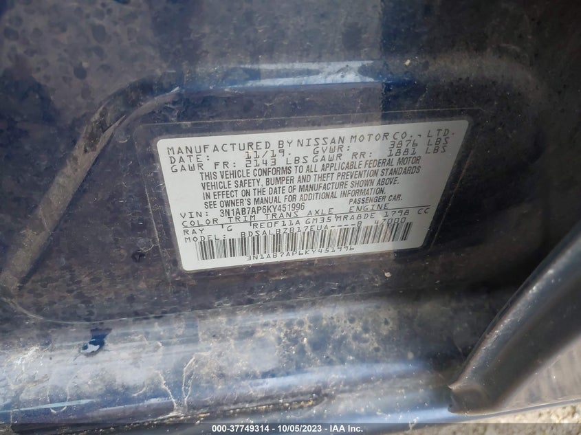 VIN 3N1AB7AP6KY451996 2019 NISSAN SENTRA S/SV/SR/SL